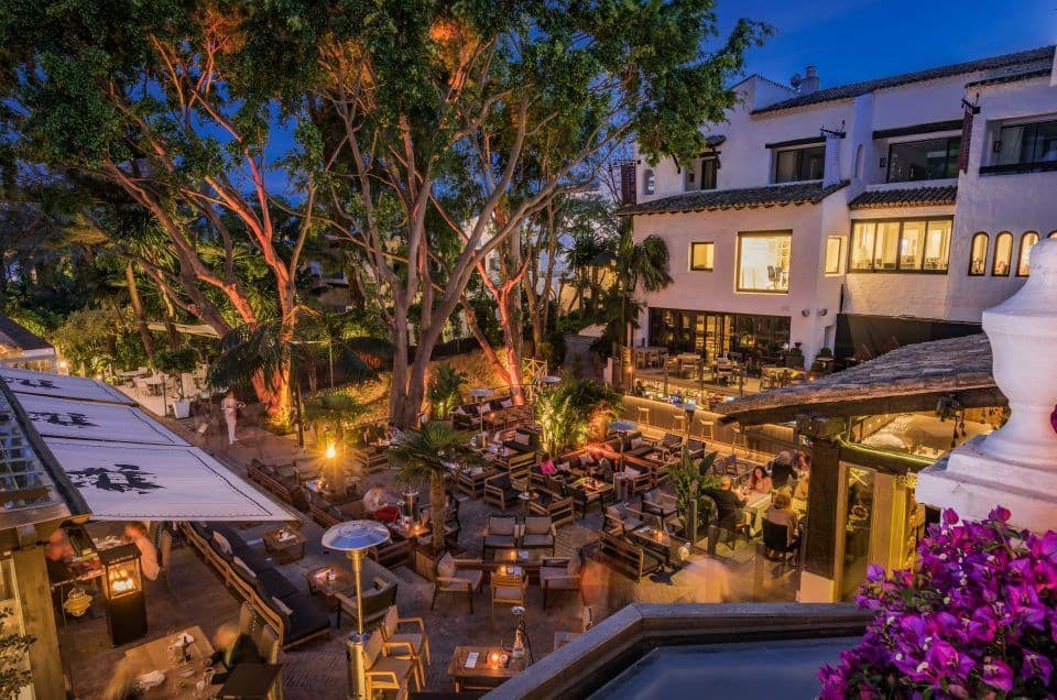 Beautiful Marbella restaurant at night with outdoor seating and lush greenery.