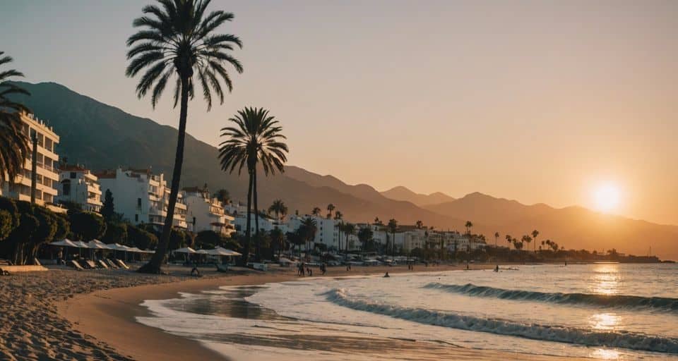 Beautiful sunset over Marbella beach with palm trees and mountains in the background.