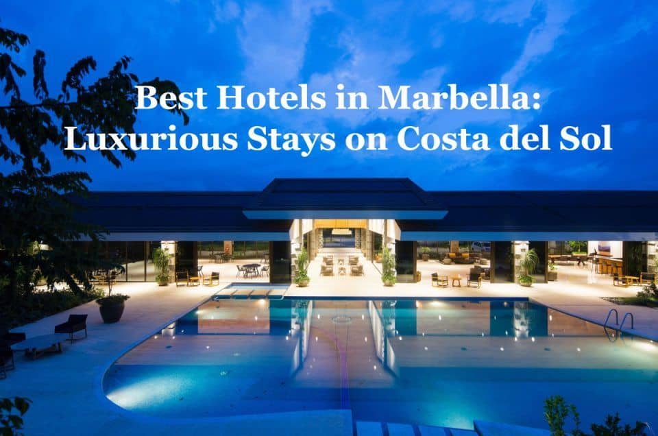 Elegant hotel pool at sunset in Marbella, Costa del Sol, Spain.