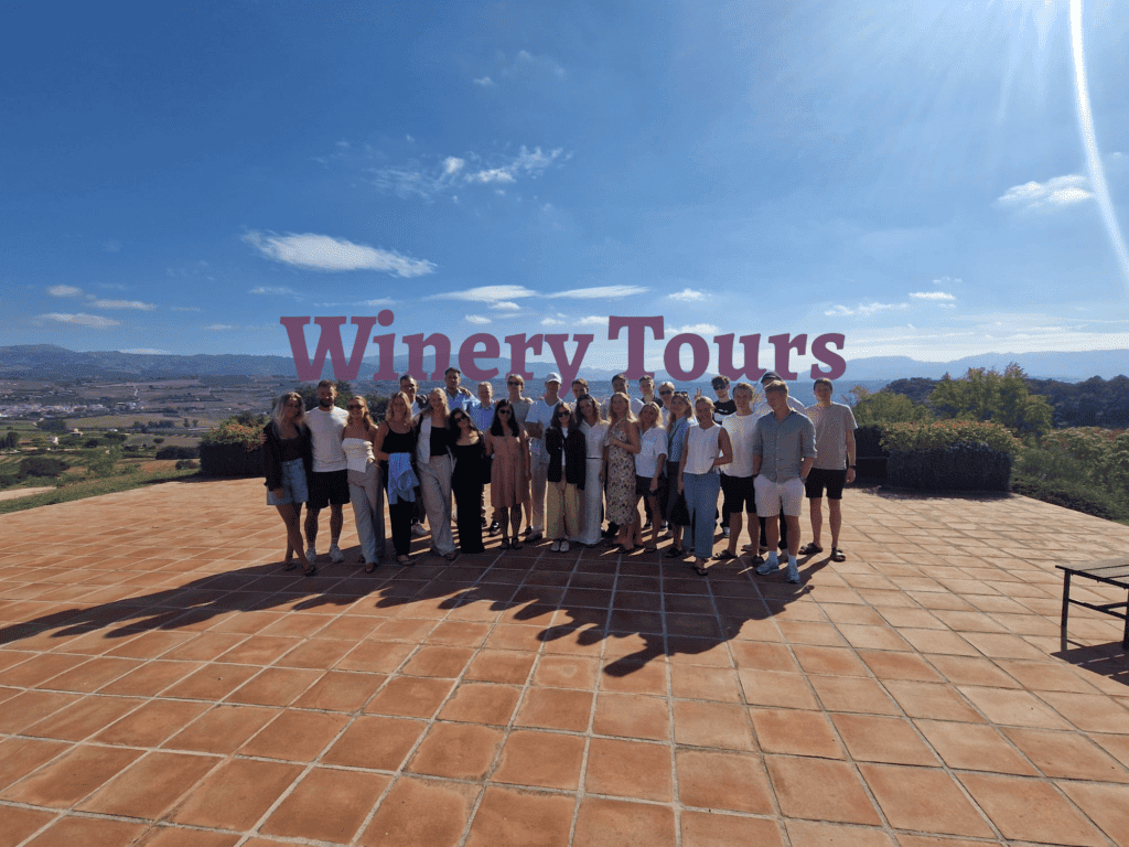 Group of people enjoying a winery tour in Costa del Sol with scenic views.