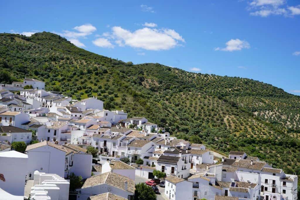 Beautiful white-washed houses in a traditional Andalusian village nestled in lush green hills.