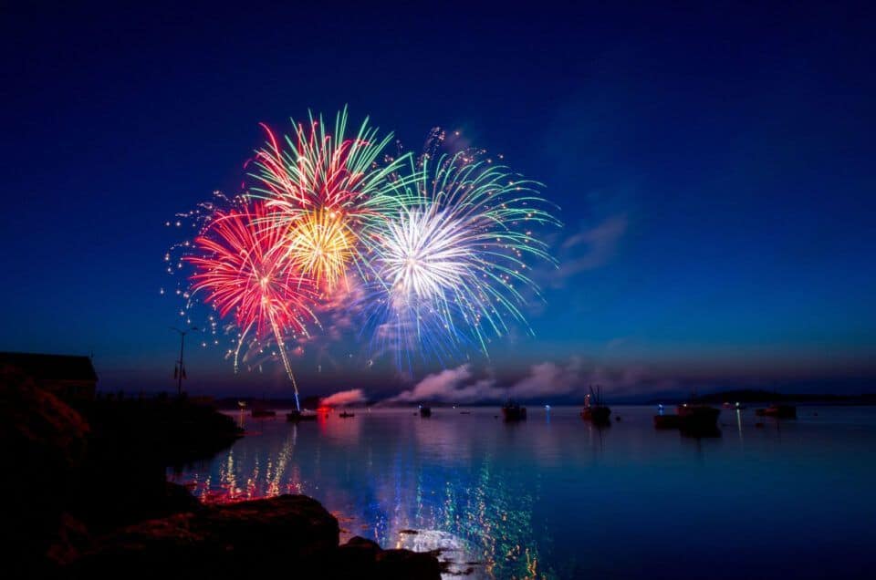Fireworks display over Marbella bay celebrating New Year's Eve.