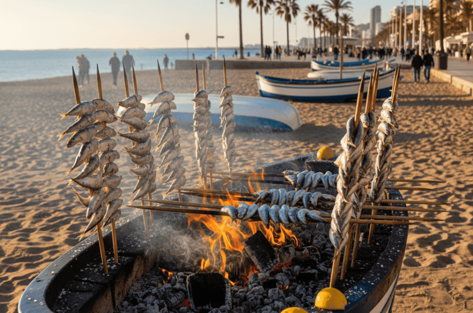 Traditional Espetos grilling by the sea in Malaga, showcasing local flavor and fresh seafood.