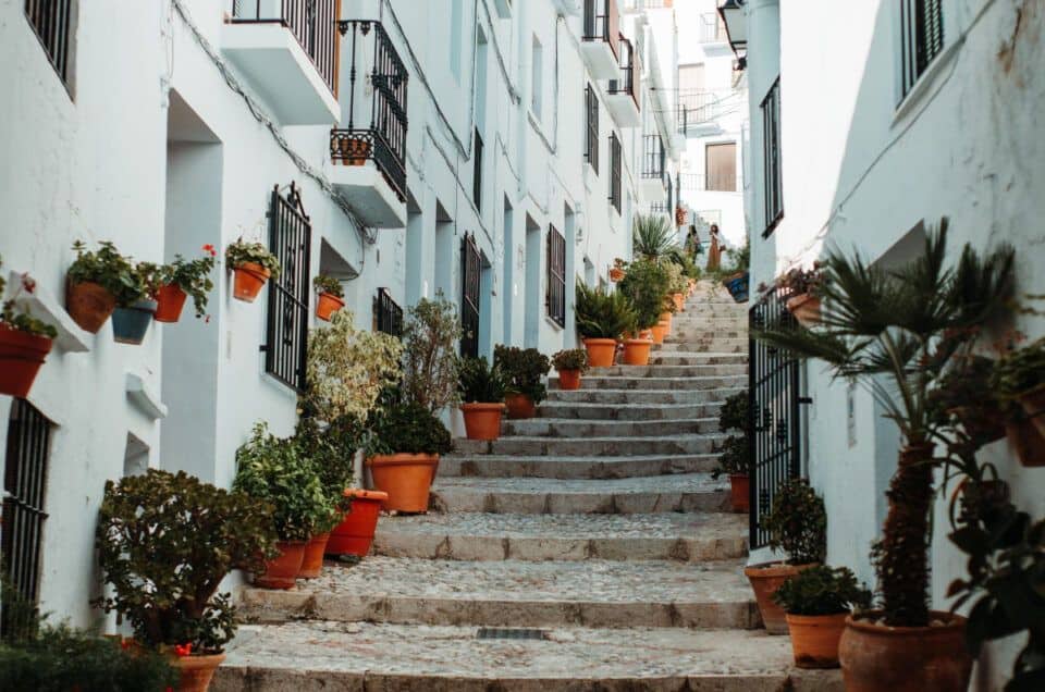 Narrow street in Nerja with white buildings and potted plants, perfect for Costa del Sol day trips.