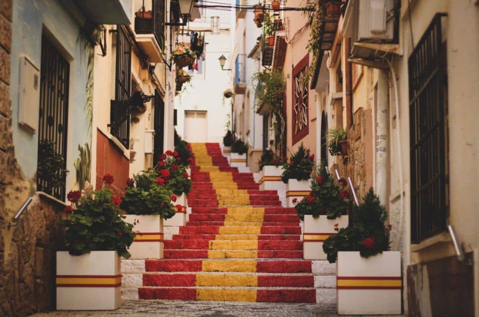 Colorful staircase in a charming Spanish neighborhood.